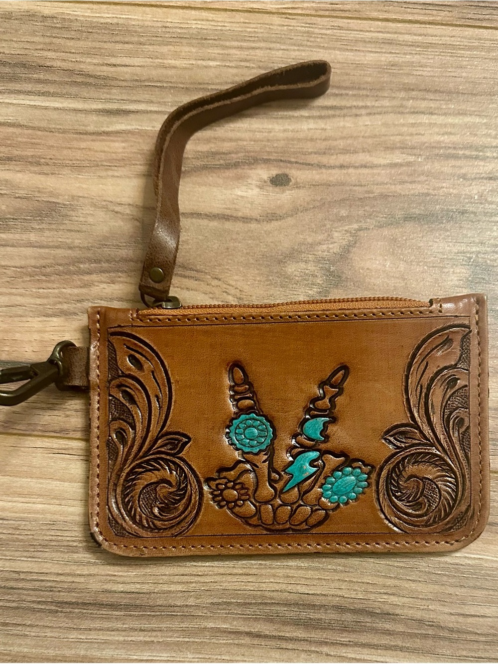 Brown Leather Wristlet Wallet with Turquoise Inlay